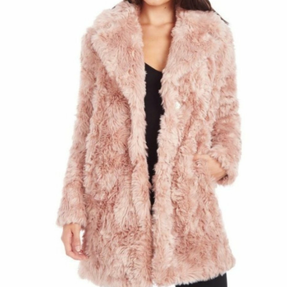 KENDALL + KYLIE CURLY FAUX FUR MID-LENGTH JACKET BLUSH FAUX FUR  REVERSIBLE - Picture 13 of 16